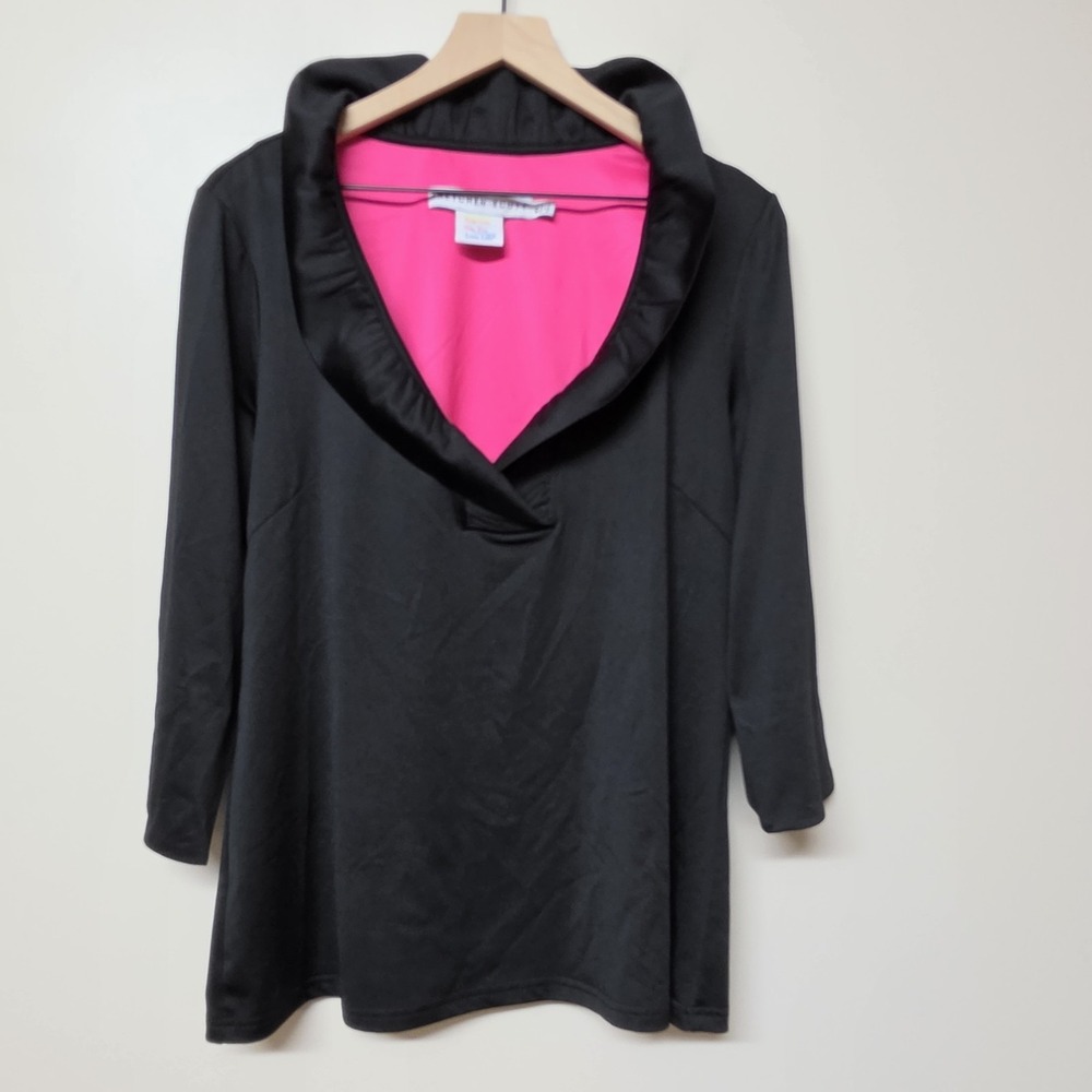 Gretchen Scott Navy Black Ruffle Collar Tunic Top XL Hot Pink Lining 3/4 Sleeve